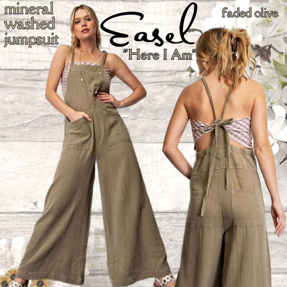 EASEL "Here I Am" Mineral Washed Wide Leg Jumpsuit Adjustable Tie Straps Pockets